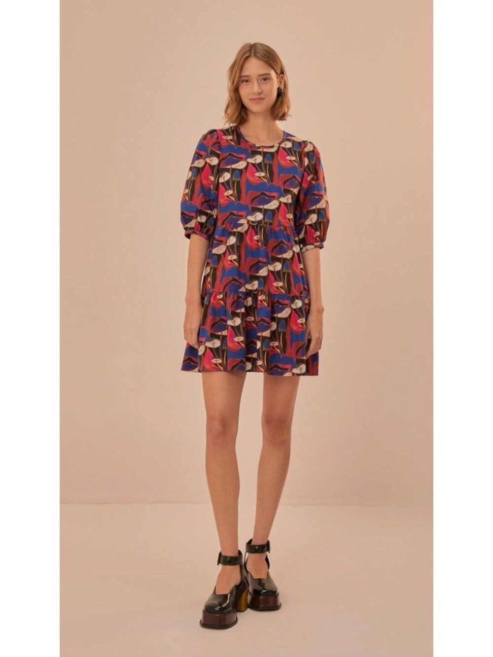 Farm Rio Wild Mushroom Black Puff Sleeve Mini Dress Size XXS Psychedelic XS
